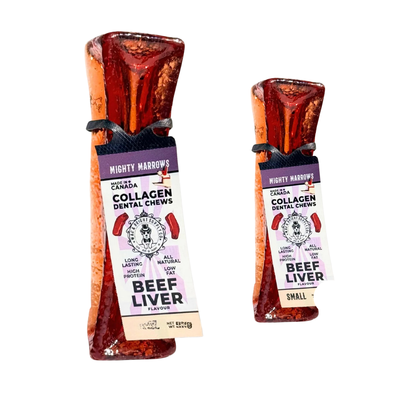 Two beef liver flavored collagen dental chews by Wag + Bright, one large and one small, shown on a plain white background.