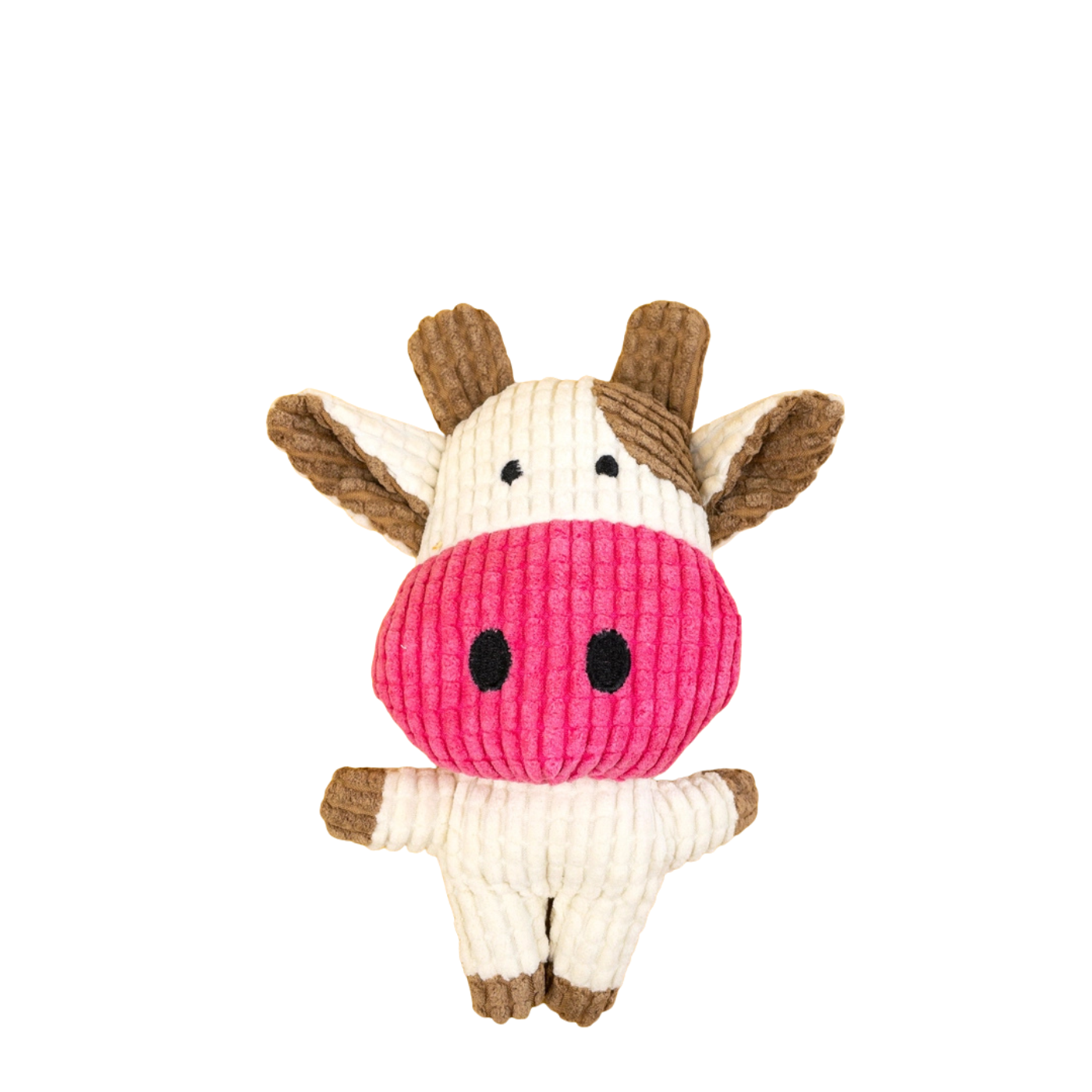 A plush cow-shaped dog toy made of ribbed corduroy fabric, featuring a bright pink nose, cream-colored body and ears, and brown horns and hooves, set against a plain white background.
