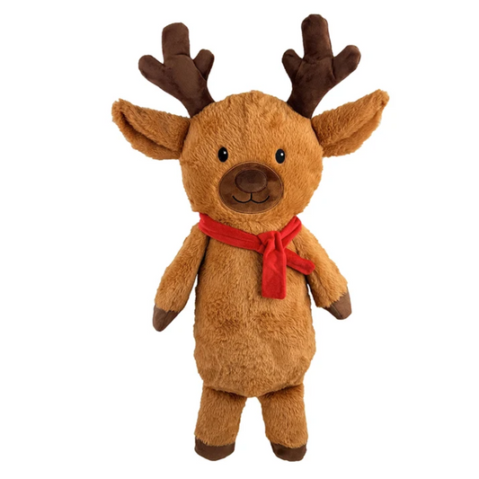 A plush toy reindeer with brown fur, dark brown antlers, and a bright red scarf, standing against a plain white background.