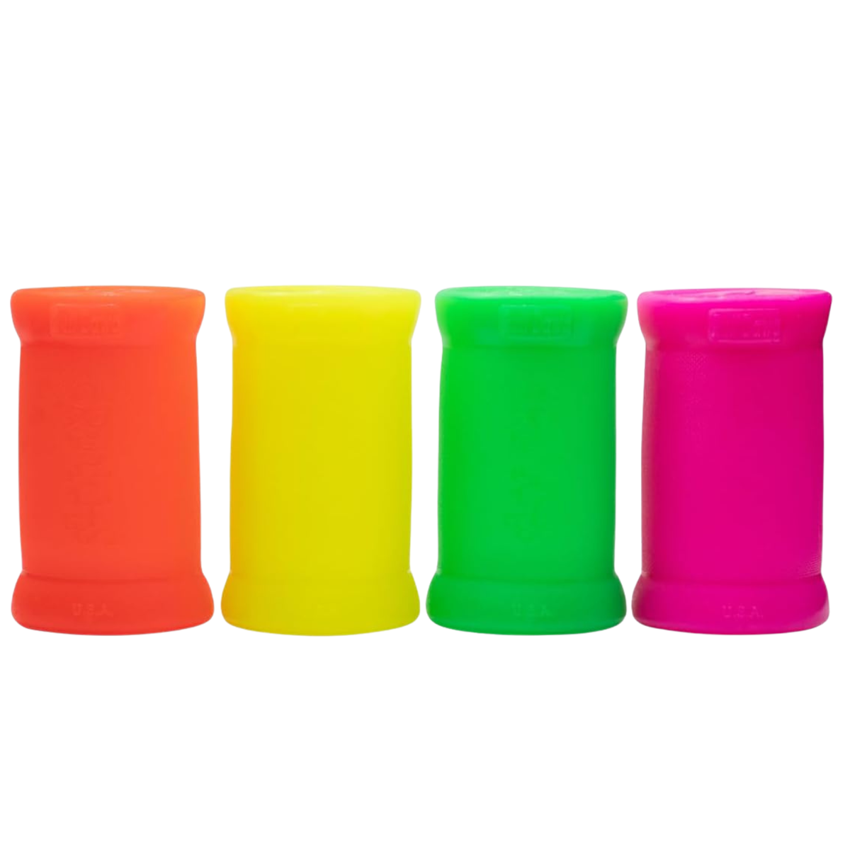 Four bright neon-colored cylindrical sleeves or covers in orange, yellow, green, and pink, arranged in a row against a plain white background.