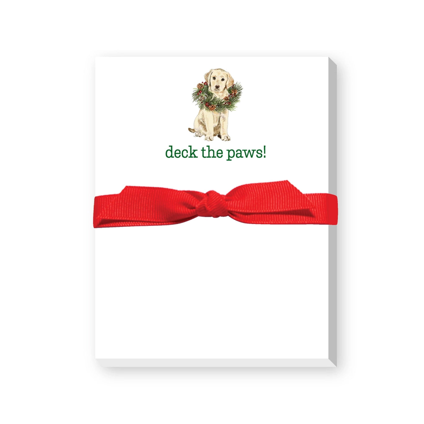 Notepad with a dog illustration and 'deck the paws!' text on a white background