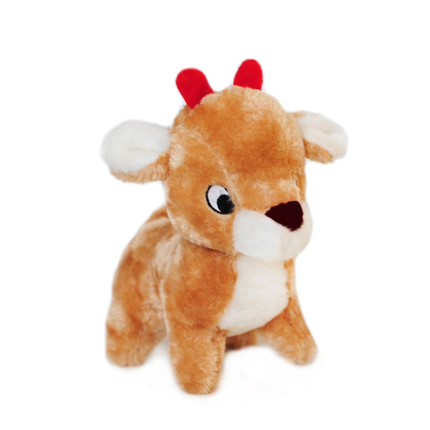 Tan reindeer plush stuffed animal with red antlers and ear, sewn eyes and nose