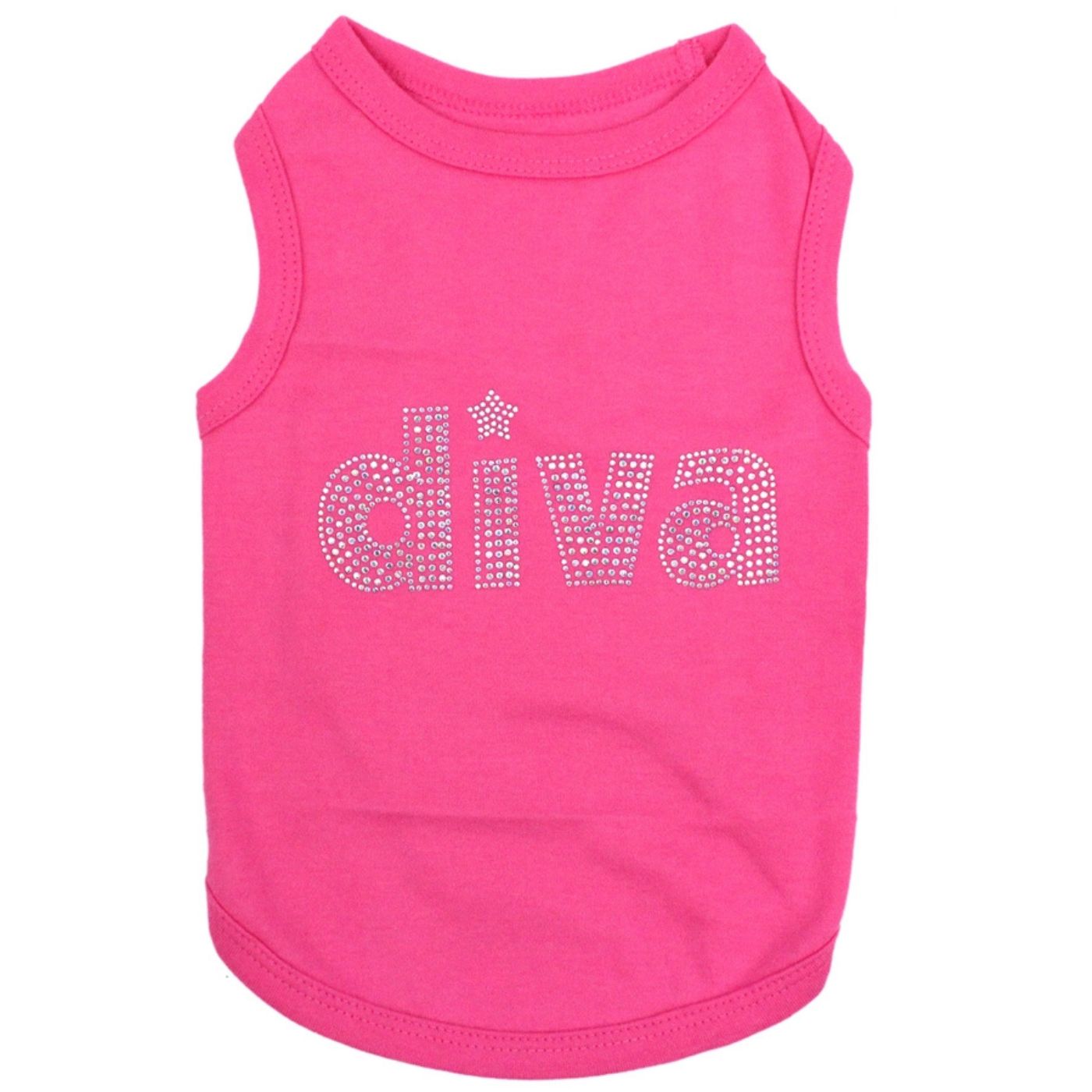 Pink dog tank top with 'diva' text on a white background