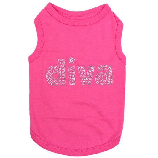 Pink dog tank top with 'diva' text on a white background