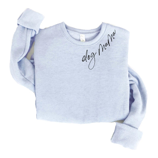 Light Blue colored sweatshirt with Dog Mama written in black letters