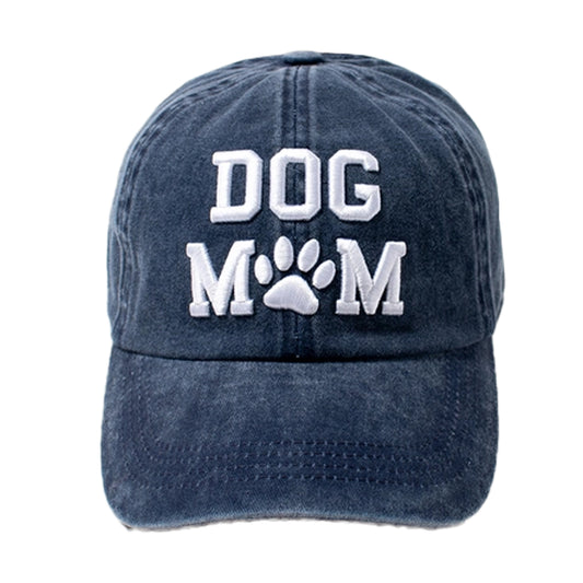 Dog Mom Hat Blue Jean Material with White Lettering and Paw