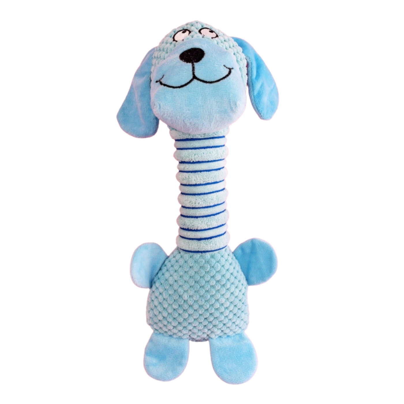 A light blue plush dog toy with a textured body, floppy ears, and a striped neck, shown against a plain white background.