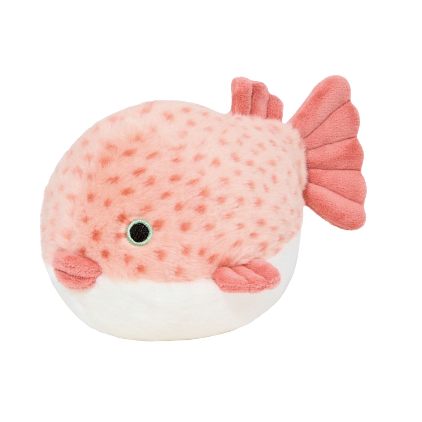 Plush fish toy with pink body and white belly on a white background