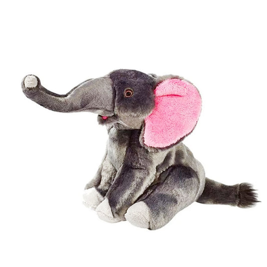 Plush elephant toy with a pink ear on a white background