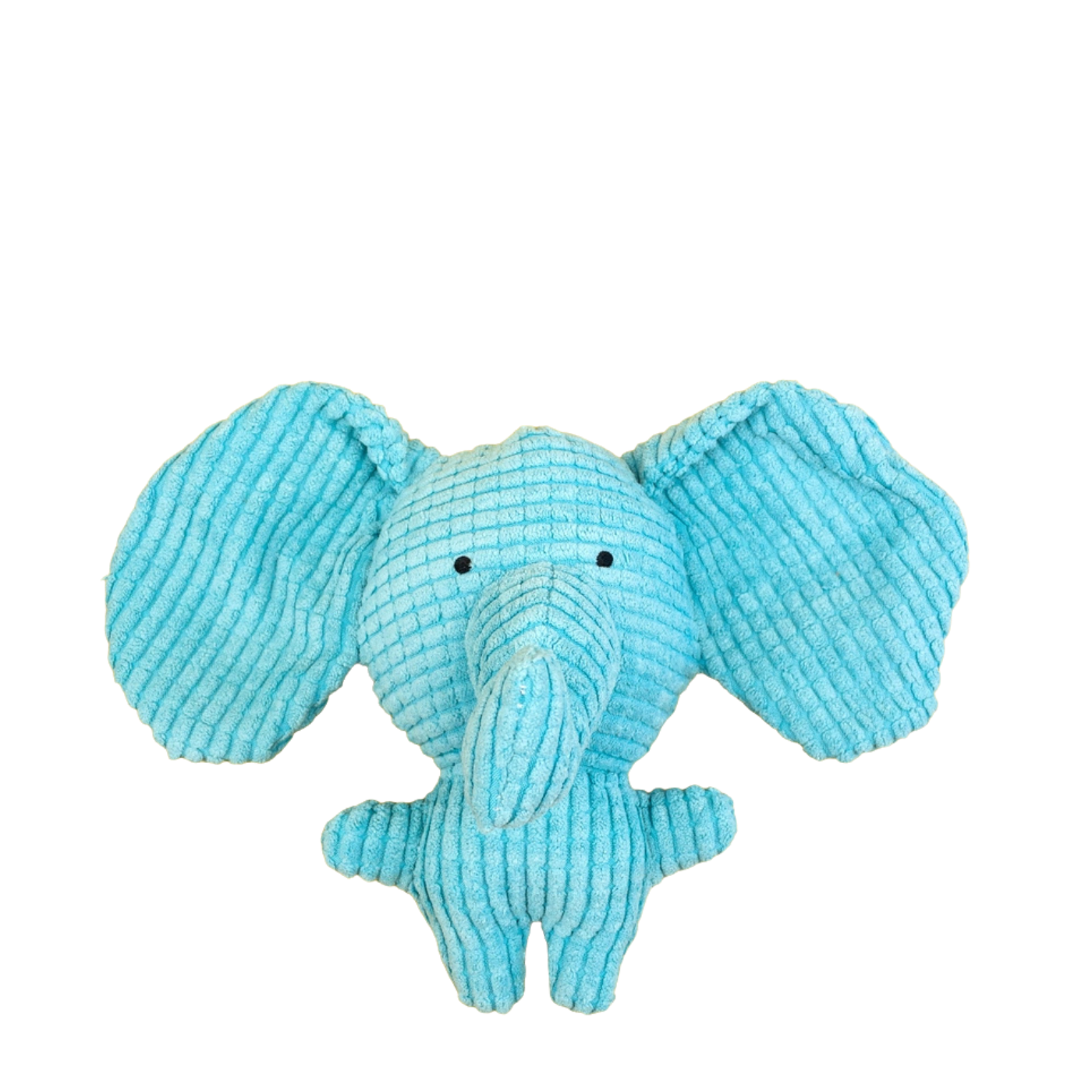 A light blue ribbed corduroy elephant plush toy with small black embroidered eyes, shown against a plain white background.