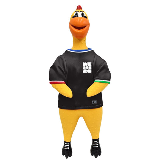Cartoon character plush toy wearing a black jersey with white text on a white background