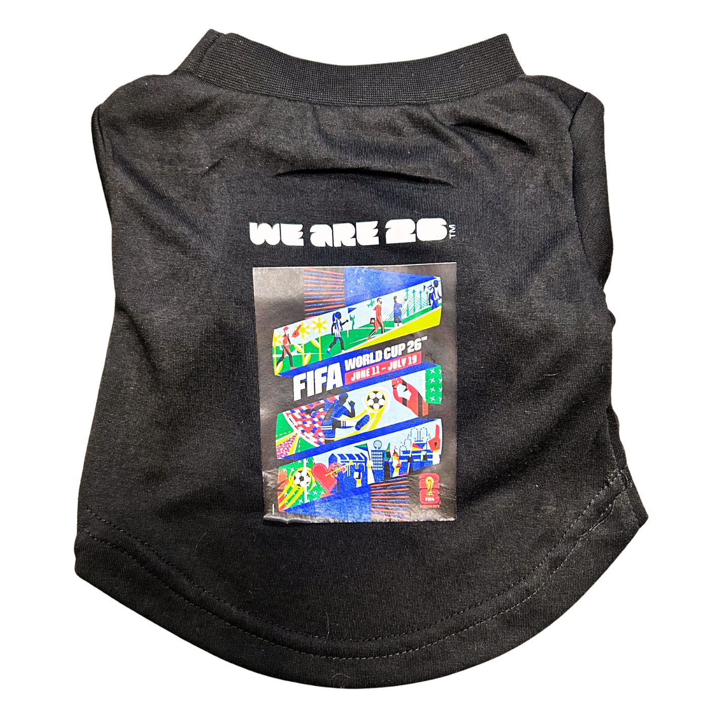 Black pet shirt with FIFA World Cup 2026 graphics and text on a white background