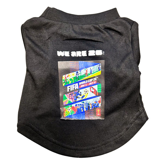 Black pet shirt with FIFA World Cup 2026 graphics and text on a white background