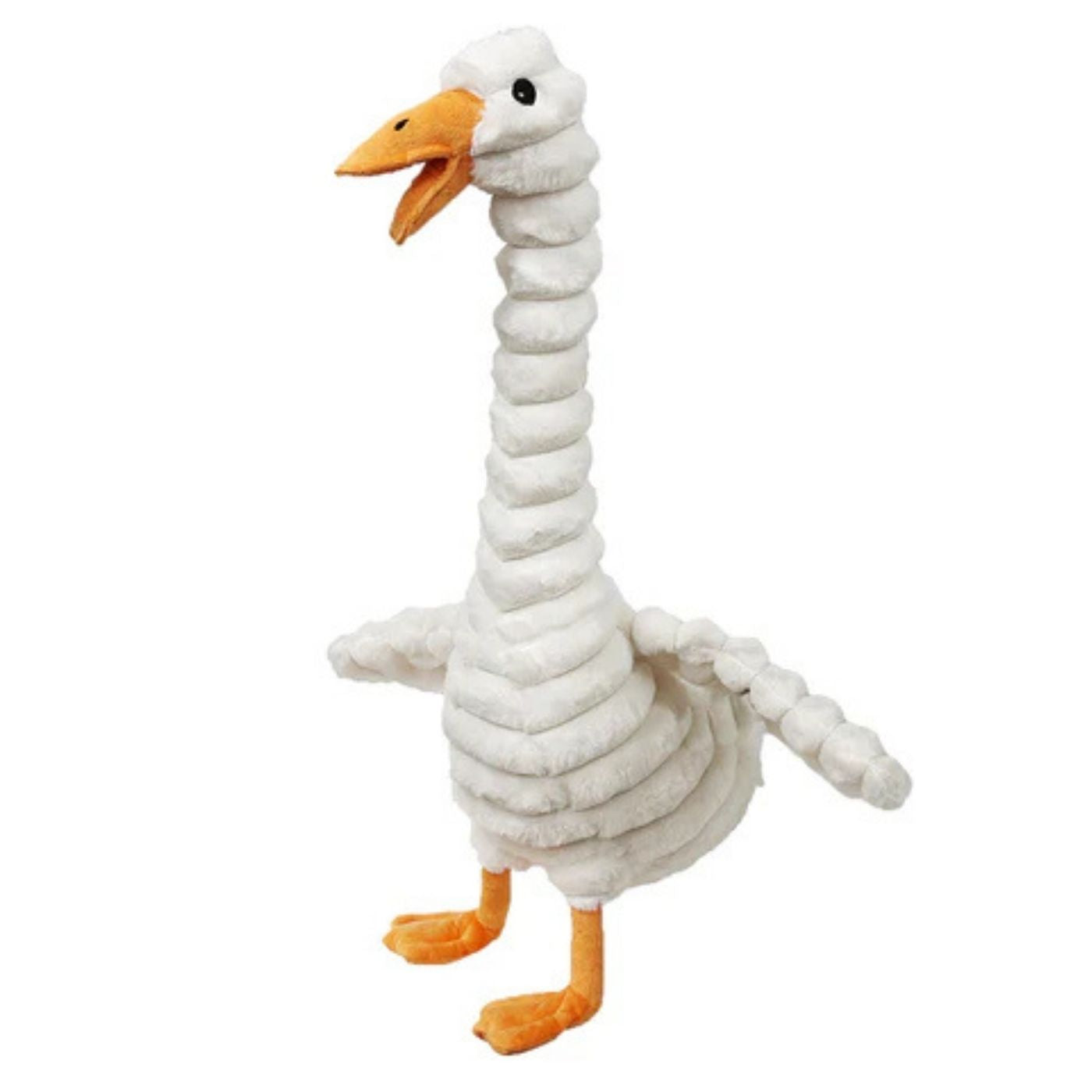 Plush toy shaped like a goose with a white body and orange feet and beak on a white background