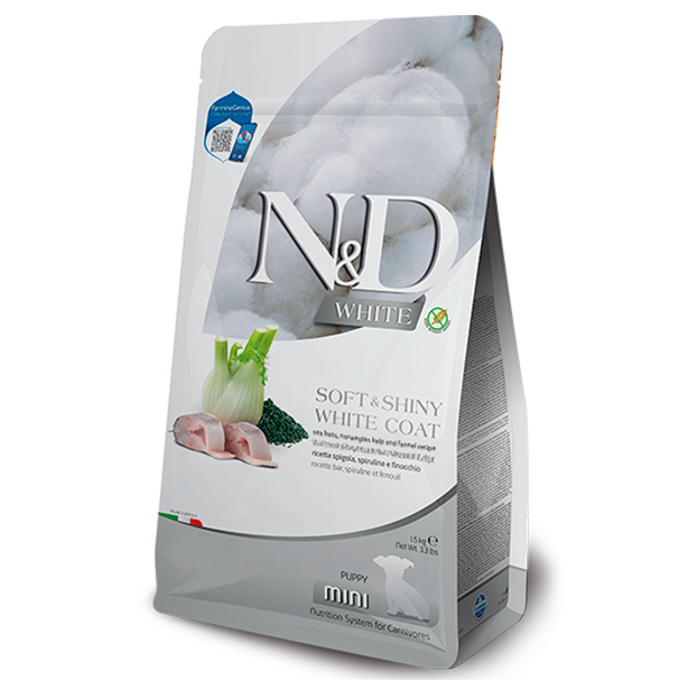N&D White Soft & Shiny White Coat dog food pouch for puppies, featuring a white and silver bag with images of white chicken and vegetables on a clean white background.