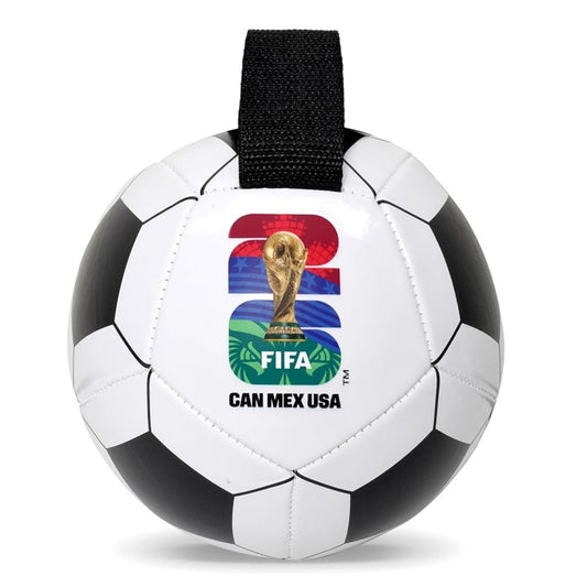 Fifa World Cup pet soccer ball toy with black nylon tug at top and Fifa 26 logo