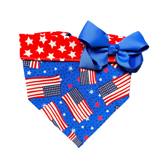 American Flag Dog bandana with blue  bow
