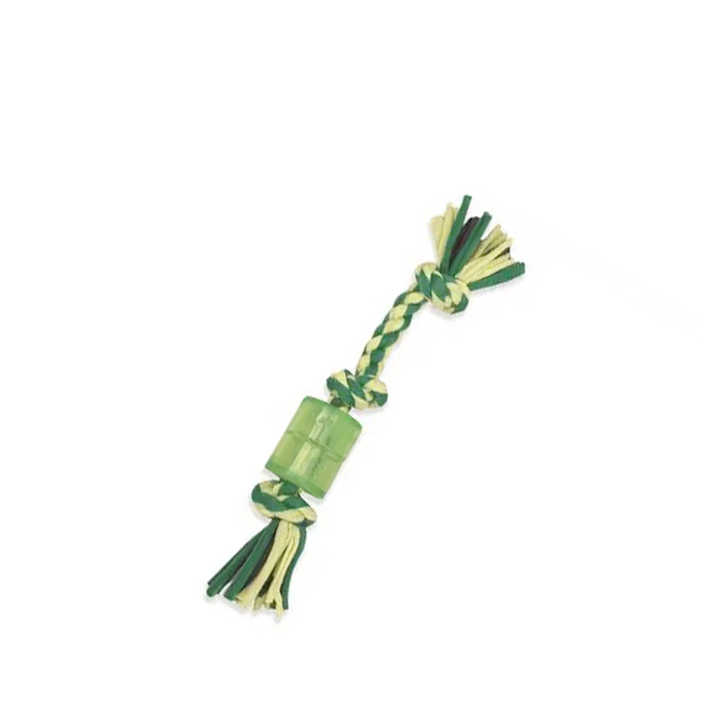 Green and yellow dog toy with rope on a white background