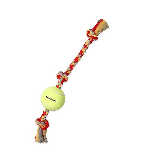 Dog toy with a tennis ball and braided rope on a white background