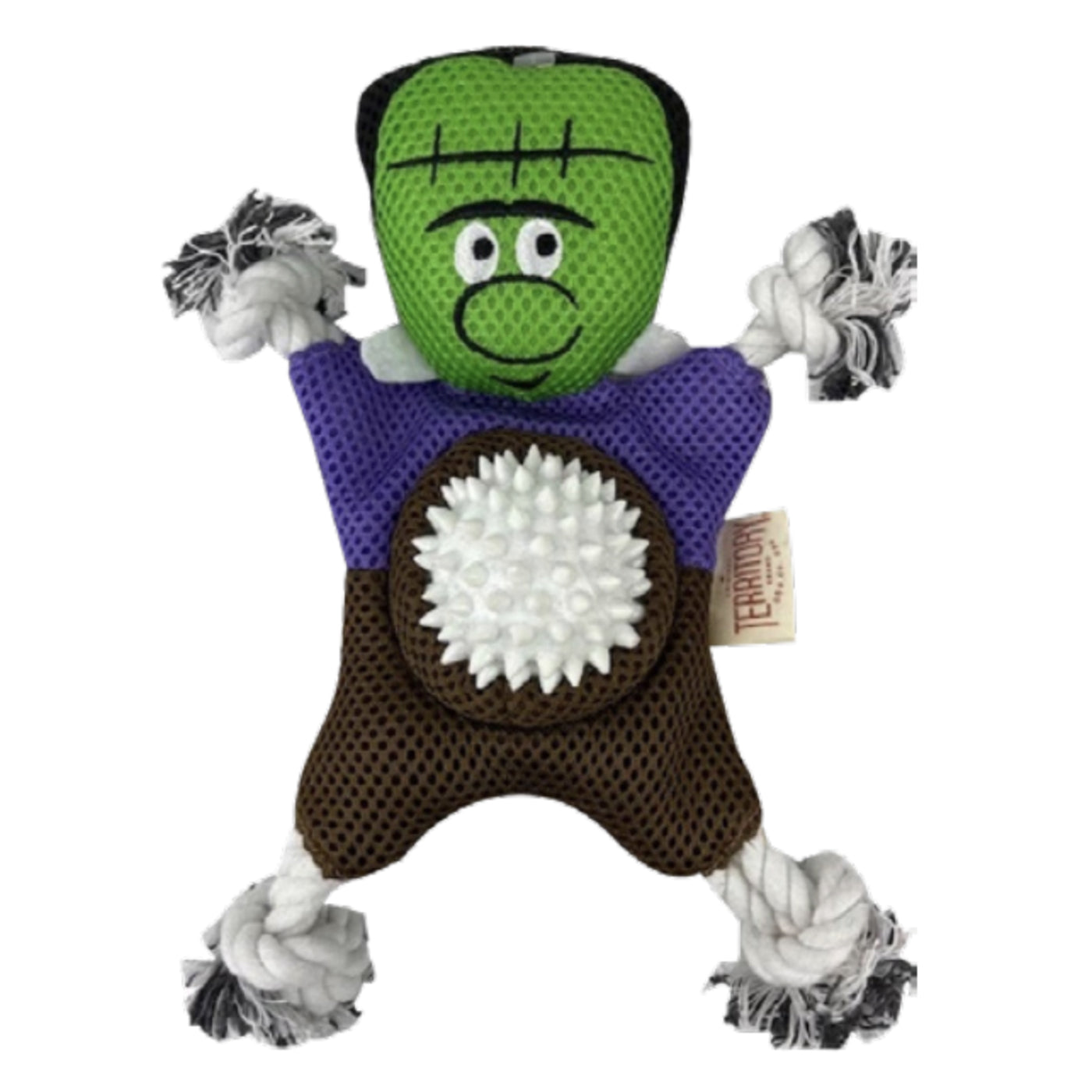 Two in one fun, mesh Frankenstein pet toy with rubber spikey ball for tummy and rope arms and legs.
