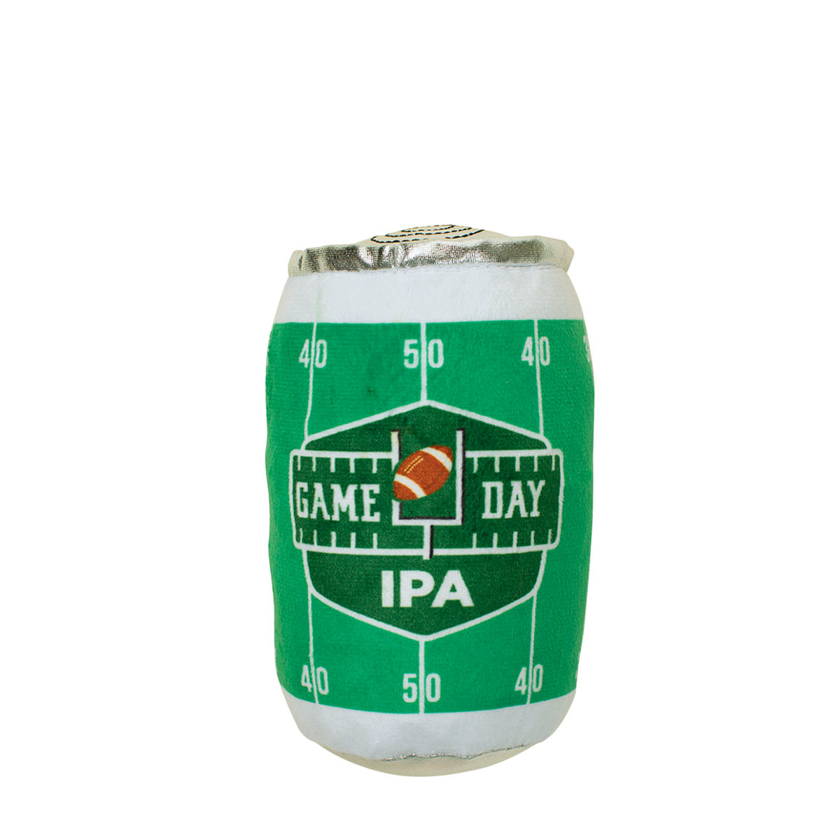 A novelty plush dog toy shaped like a beer can, featuring a green football field design with yard lines, 'GAME DAY' text, and an orange football graphic, on a plain white background.