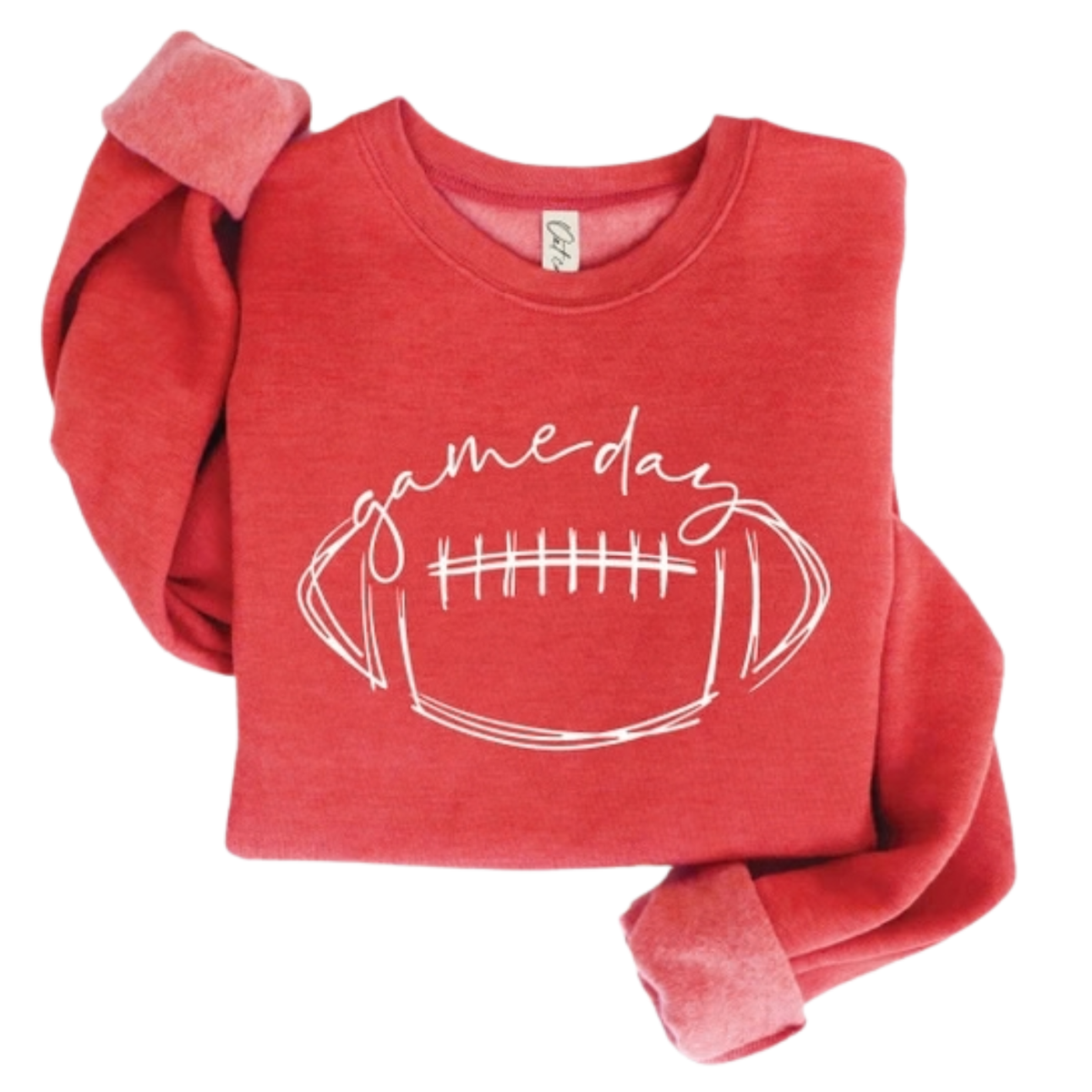 A folded red long-sleeve sweatshirt with a white graphic of a football and the words 'game-day' across the front, shown on a plain white background.