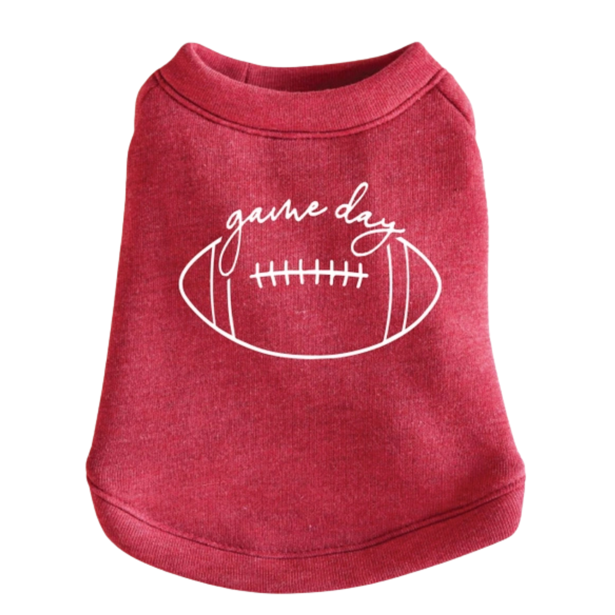 A red pet sweatshirt featuring a white outline of a football and the words 'game day' in script across the chest, shown against a plain white background.