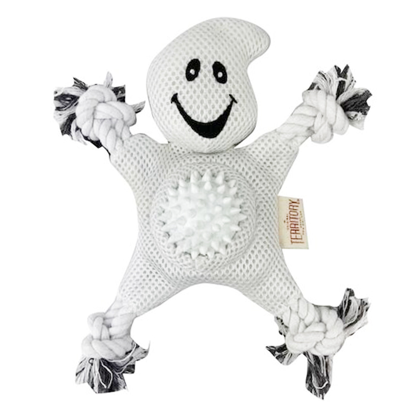 Two in one fun, mesh ghost pet toy with rubber spikey ball for tummy and rope arms and legs.