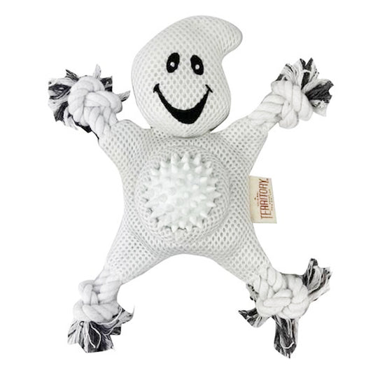 Two in one fun, mesh ghost pet toy with rubber spikey ball for tummy and rope arms and legs.