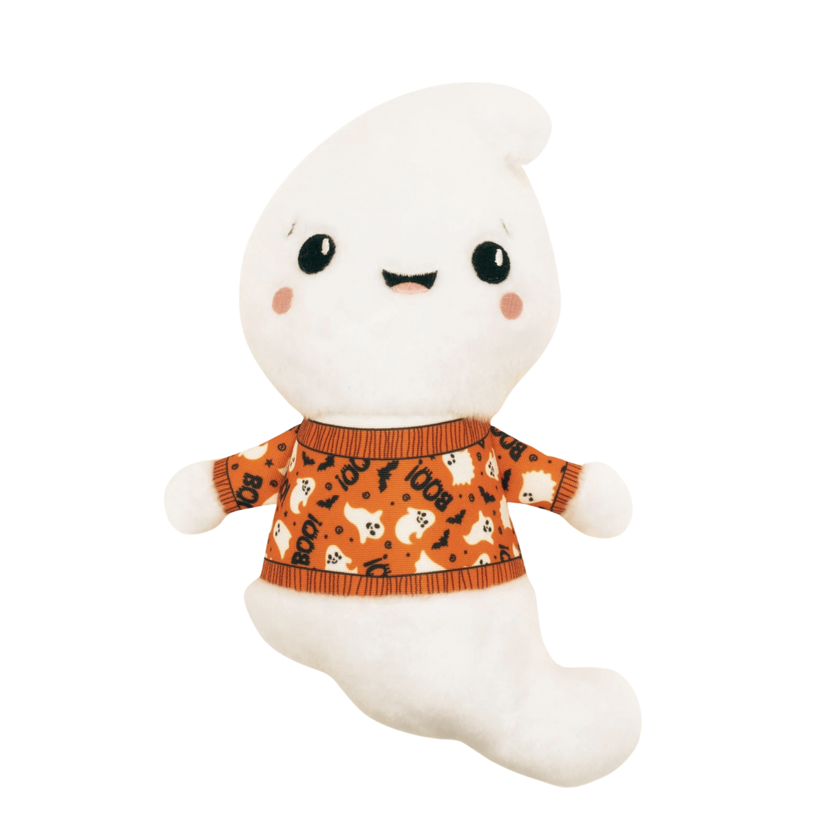 A cute white plush ghost toy wearing an orange Halloween sweater with black 'BOO' text and small ghost graphics, shown on a plain white background.