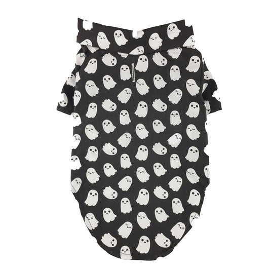 Collared Black pet shirt with white ghosts and velcrow closure