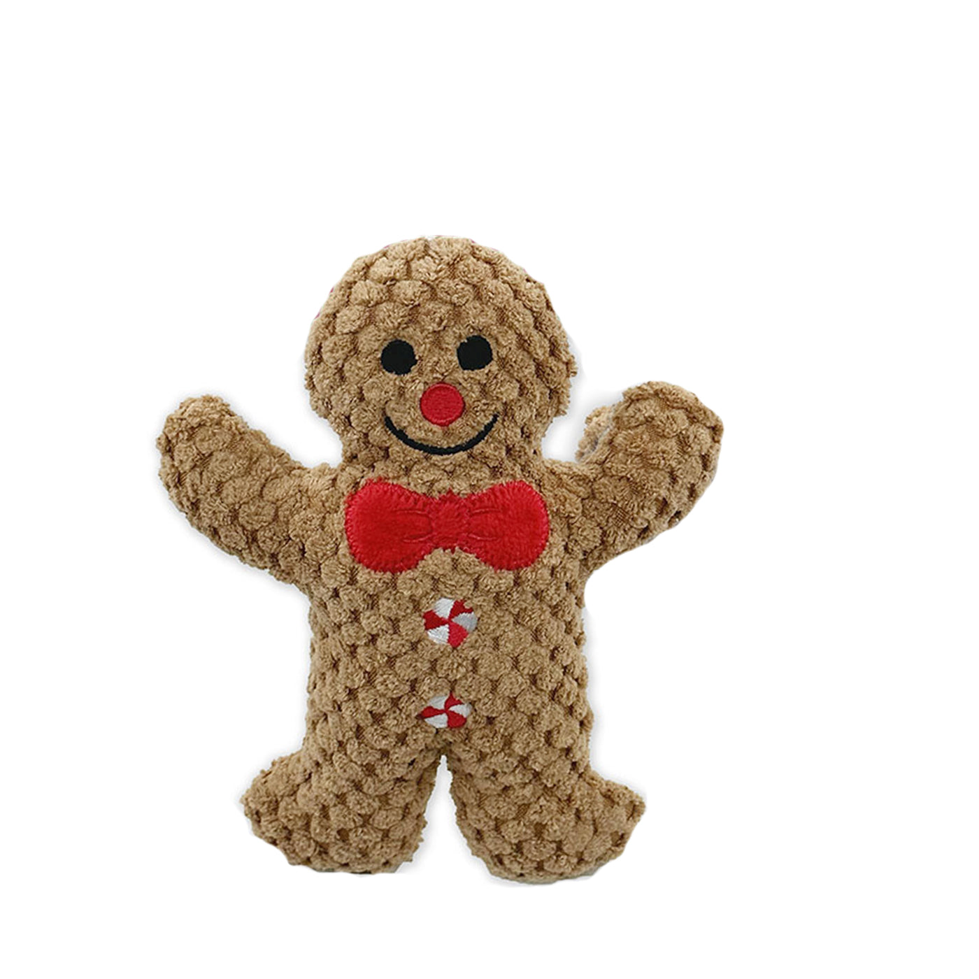 Mini soft gingerbread man dog toy with squeaker, red bowtie and peppermint buttons.