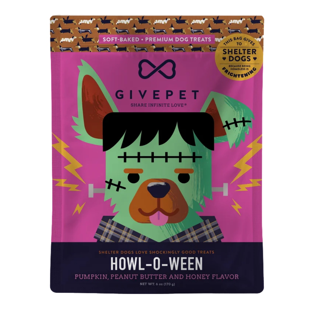 GivePet Howl-O-Ween dog treats pouch featuring a Frankenstein-style dog illustration on a bright pink background with a dark navy bottom section and a brown patterned top band.