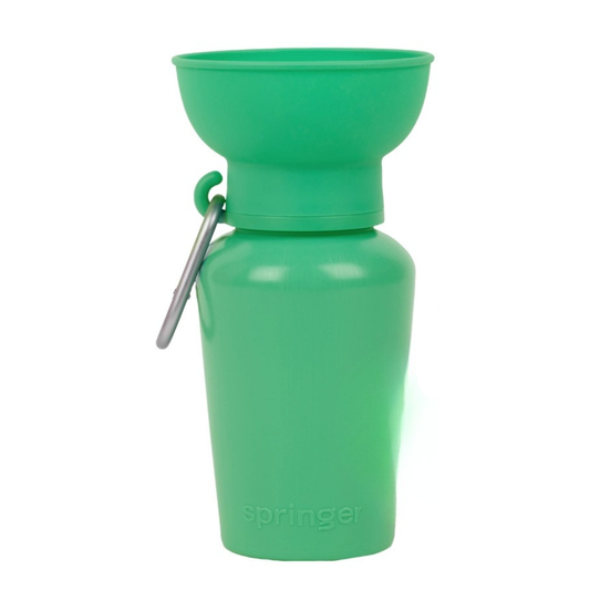 Green pet water bottle with laytex rubber collapsible lid and metal hook attachment