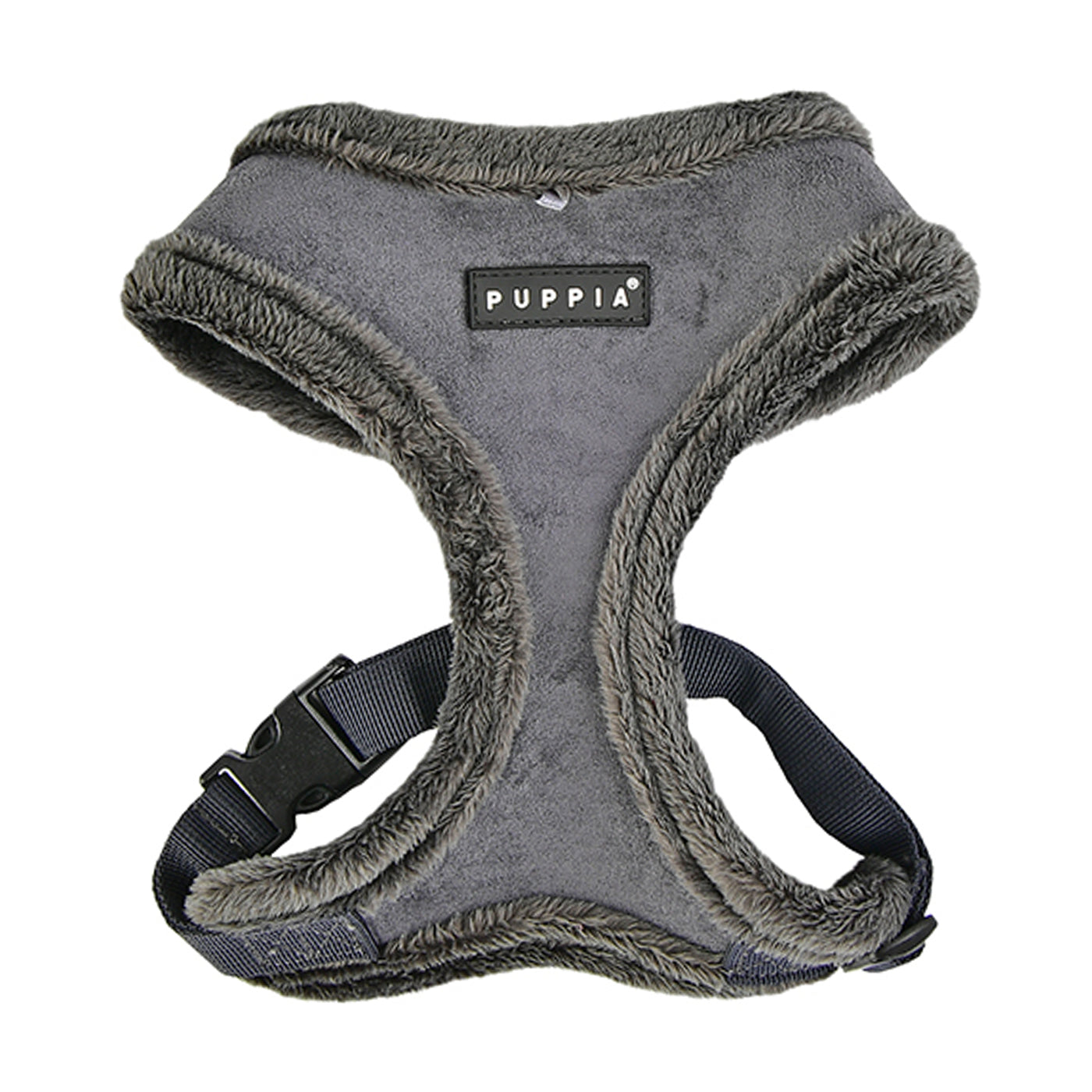 Gray dog harness with fleece lining and Puppia logo on a white background