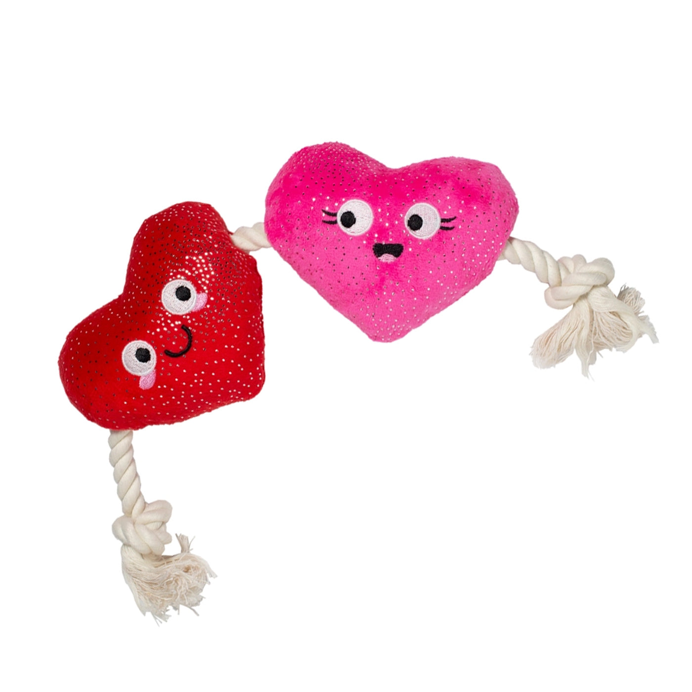 Heart-shaped plush toys with rope on a white background