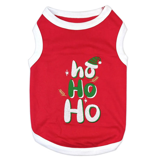 Red pet tank top with 'ho ho ho' text and Christmas-themed design on a white background