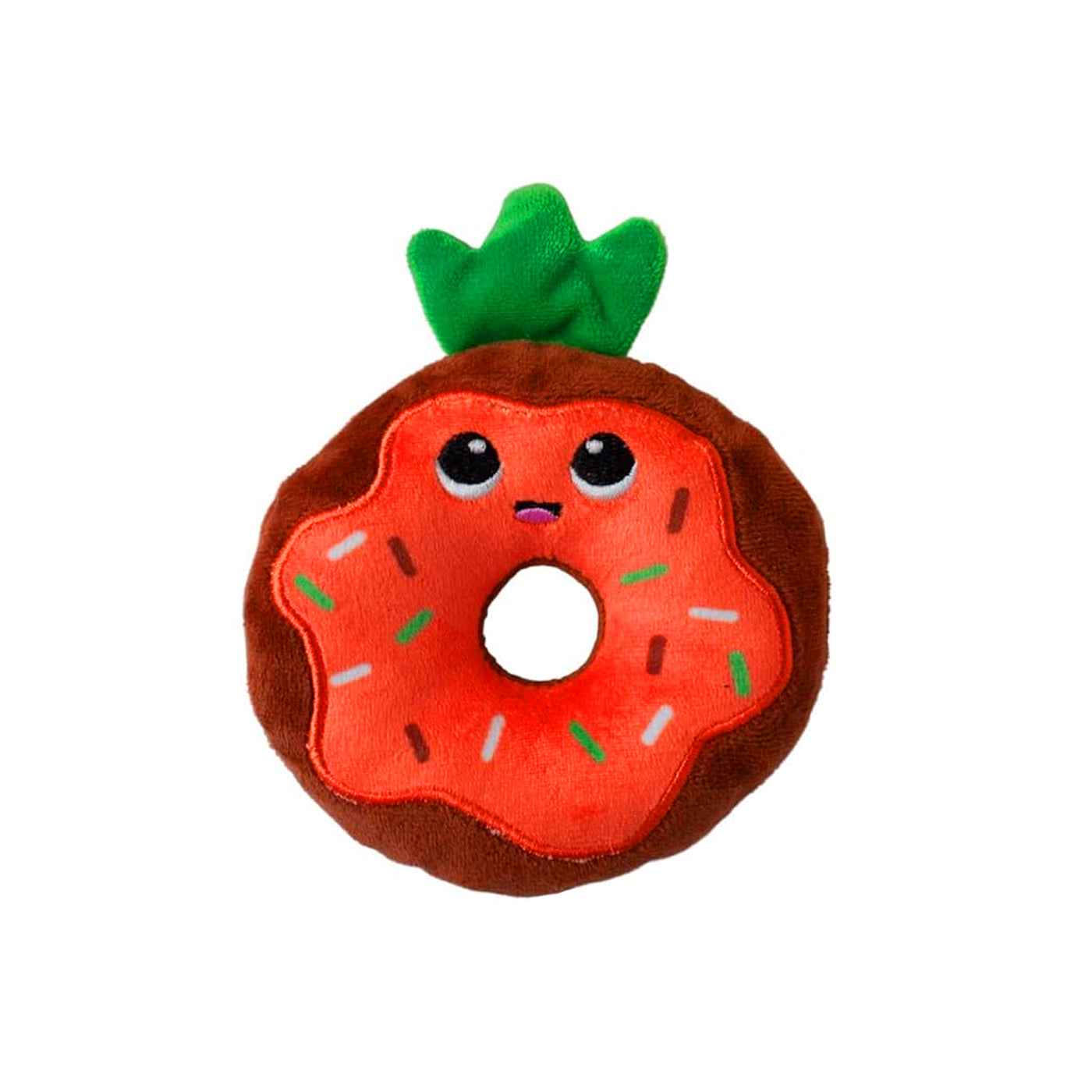 Fringe Holey Donut Carrot plush dog toy with squeaker inside.