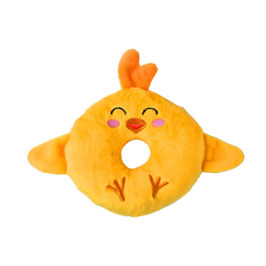 Fringe Holey Donut Chick plush dog toy with crinkle paper and squeaker inside.