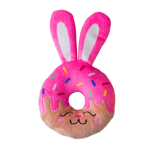 Fringe Holey Donut Bunny plush squeaker toy with crinkle and sprinkles