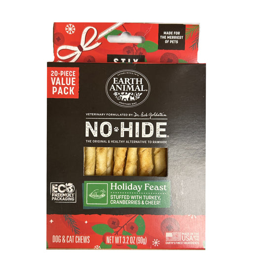 Earth Animal No-Hide Holiday Feast dog chews packaging on a white background