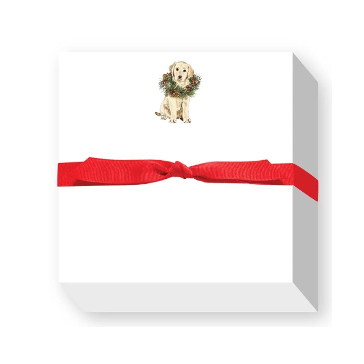White card with a dog illustration and red ribbon on a white background