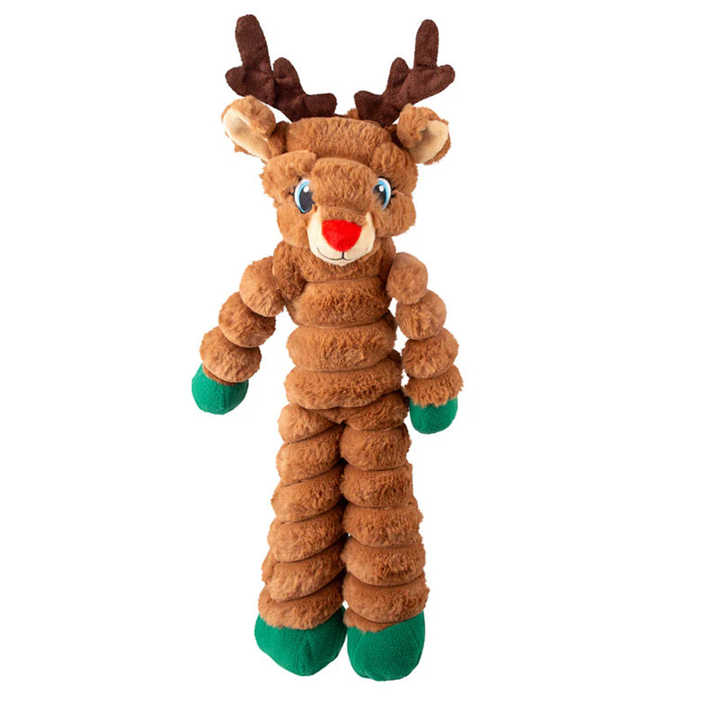 Fuzzy holiday Reindeer plush pet toy with brown body, antlers and red nose