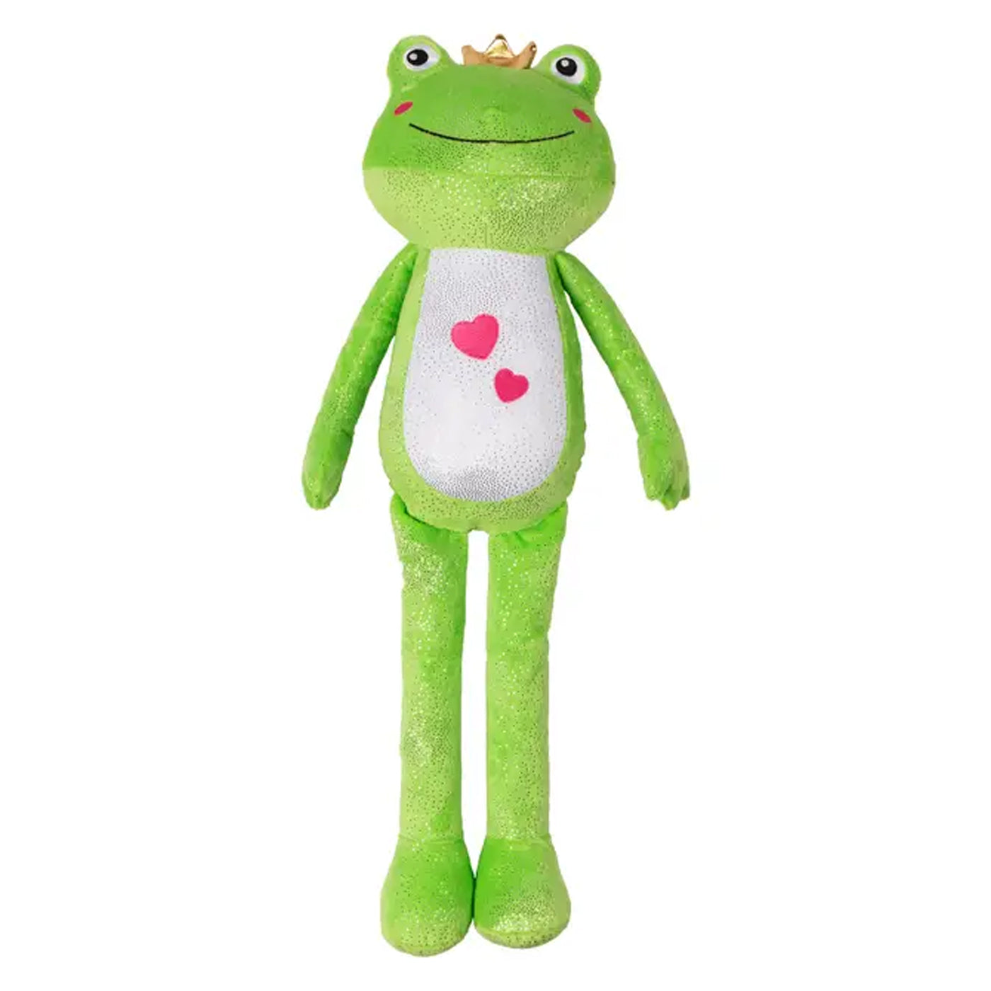 Green plush frog toy with a crown and pink hearts on a white background