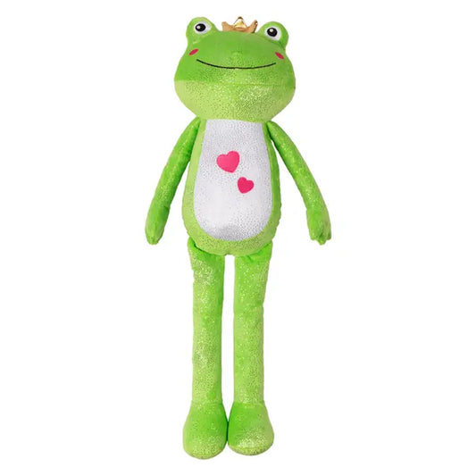 Green plush frog toy with a crown and pink hearts on a white background
