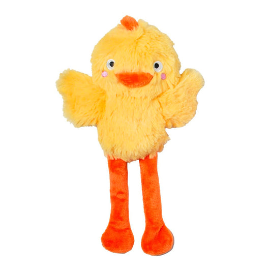 Hoppy Go Clucky Chick plush pet toy with crinkle inside head and squeaker in body.