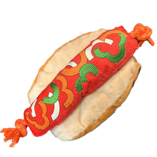 Plush hot dog toy with squeaker, crinkle sound, and string.