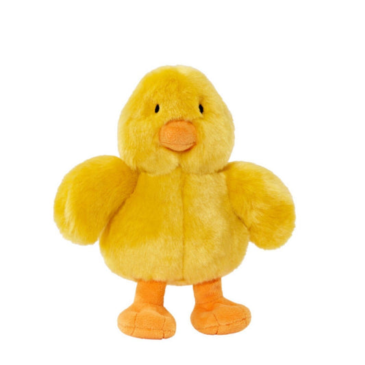 Yellow plush duck toy on a white background