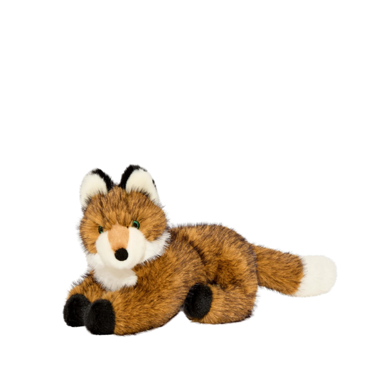 A plush toy fox lying down, featuring orange-brown fur, white accents on the chest, muzzle, and tail tip, and black paws and ear tips, set against a plain white background.