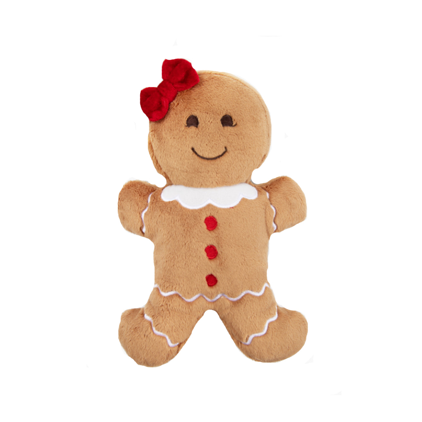 Plush gingerbread man toy with a red bow on a white background